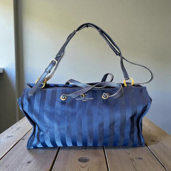 Valentino Garavani Handbags - Valentino Garavani Leather & Nylon Navy Striped Travel Bag